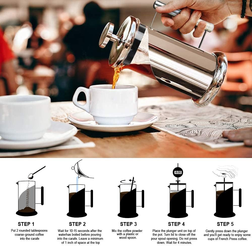 Coffee Maker 304 Stainless Steel French Press with 4 Filter, Heat Resistant Durable, Easy to Clean, Borosilicate Glass Coffee Press, 100% BPA Free Teapot