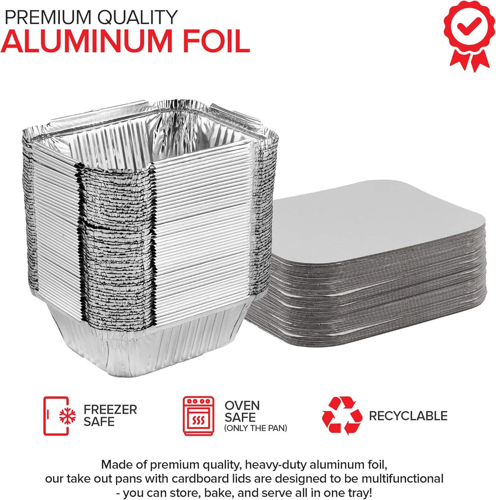 1 Lb Aluminum Disposable Cookware with Lids (25 Pack) - Foil Pans with Cardboard Lids - Recyclable Takeout Trays - Food Containers for Restaurants, Catering, Delis