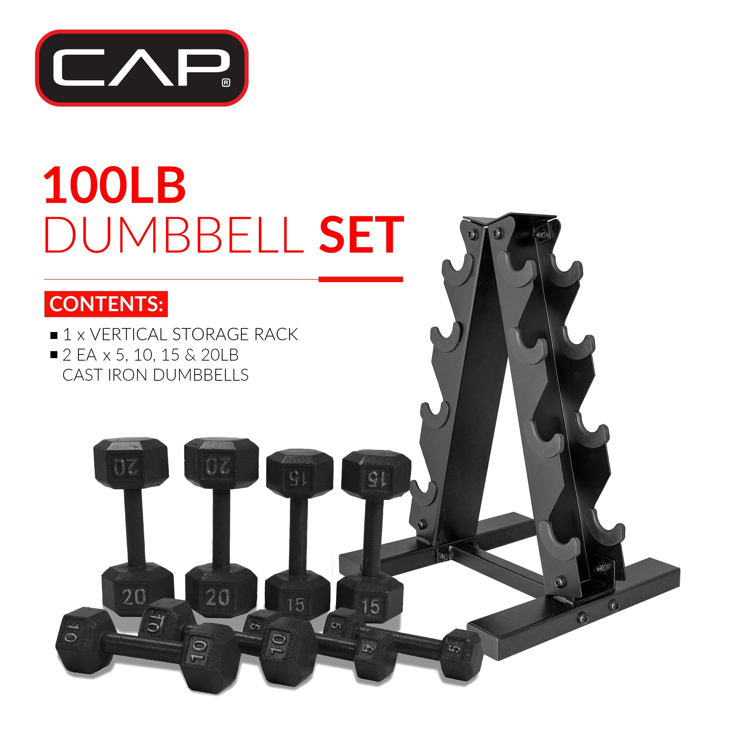 Barbell 100 Lb Cast Iron Hex Dumbbell Weight Set with Rack, Black
