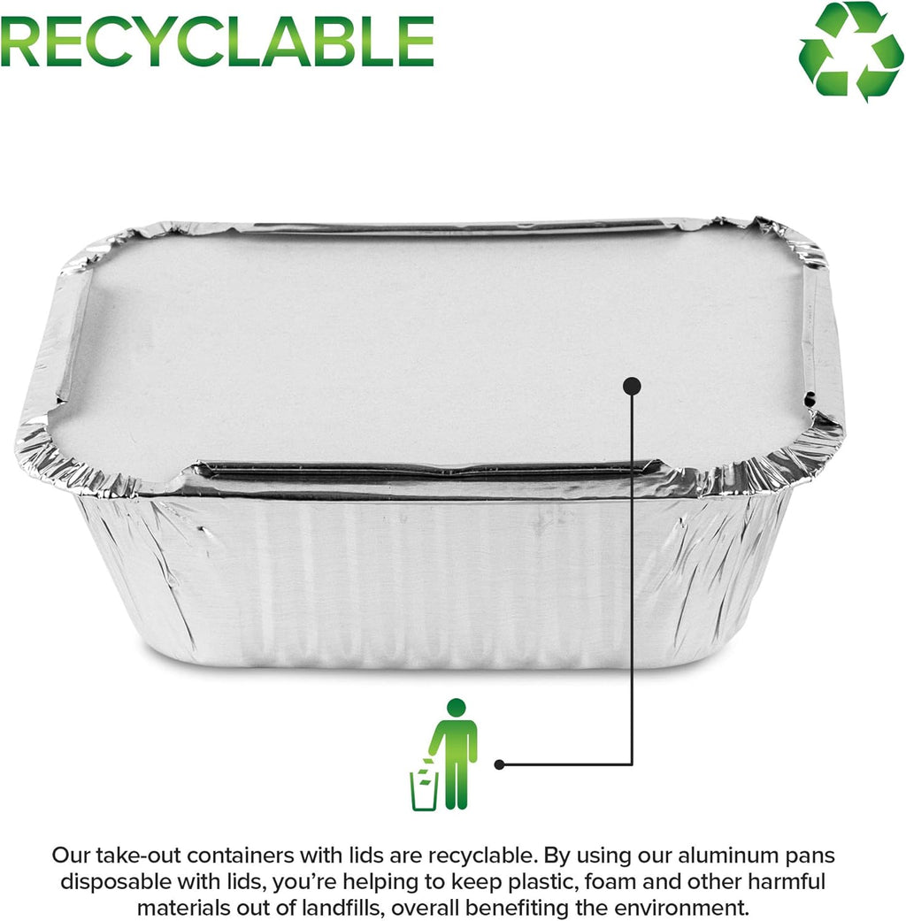1 Lb Aluminum Disposable Cookware with Lids (25 Pack) - Foil Pans with Cardboard Lids - Recyclable Takeout Trays - Food Containers for Restaurants, Catering, Delis
