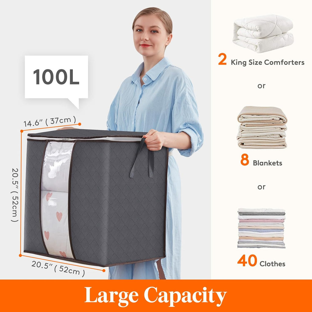 3 Pack 100L Clothes Storage Bins with Lids, Foldable Blanket Storage Bags with Zippers, Clear Window and Reinforced Handles, Closet and Organization for Clothing, Sweater, Comforter, Bedding
