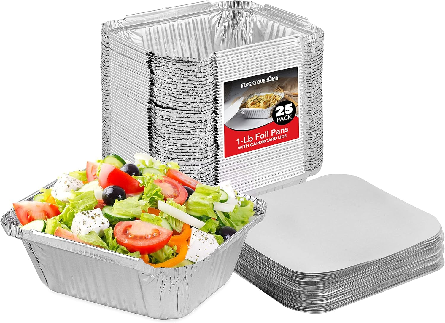 1 Lb Aluminum Disposable Cookware with Lids (25 Pack) - Foil Pans with Cardboard Lids - Recyclable Takeout Trays - Food Containers for Restaurants, Catering, Delis