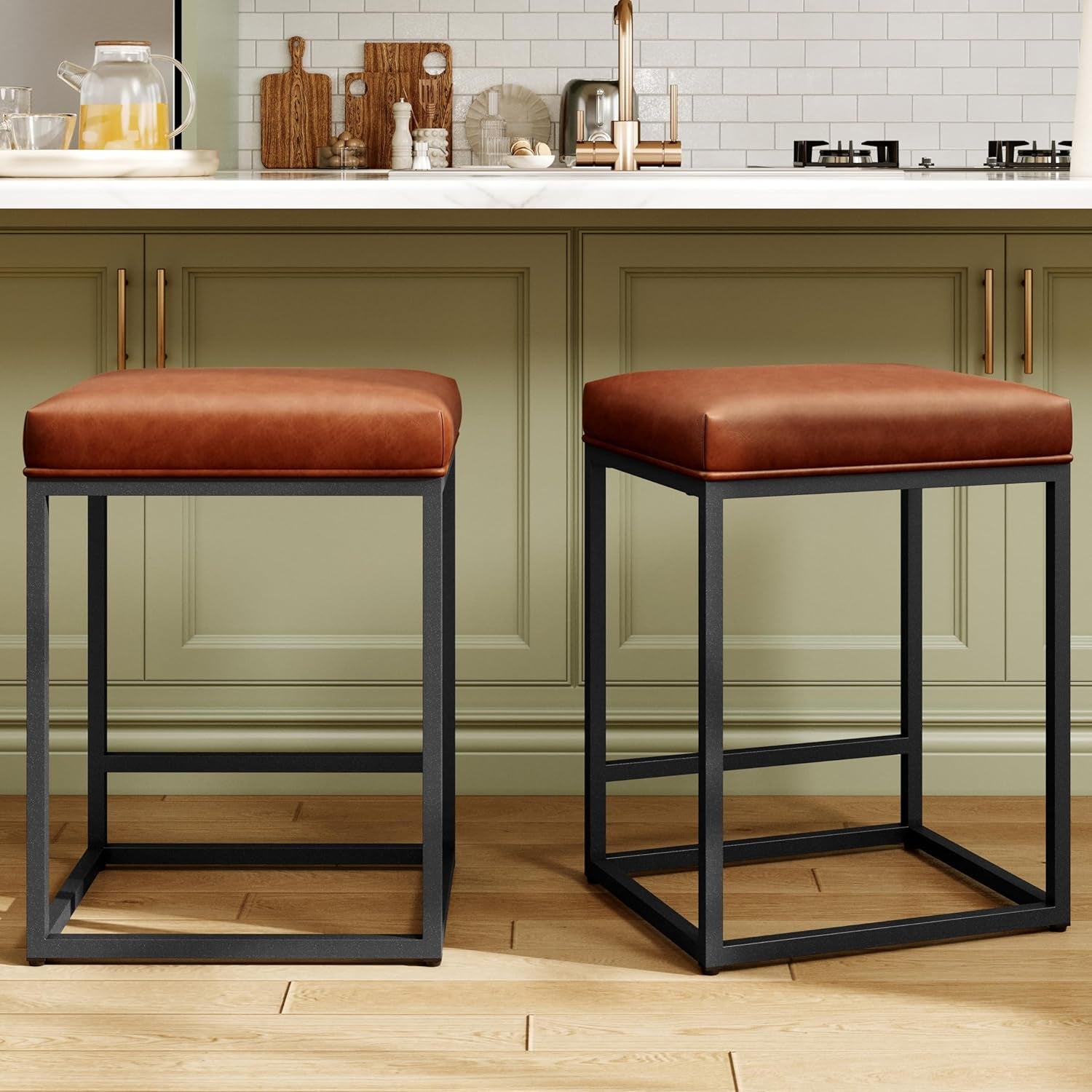 Counter Height 24" Bar Stools Set of 2 for Kitchen Counter Backless Modern Barstools Industrial Upholstered Faux Leather Stools Farmhouse Island Chairs, (24 Inch, Brown)
