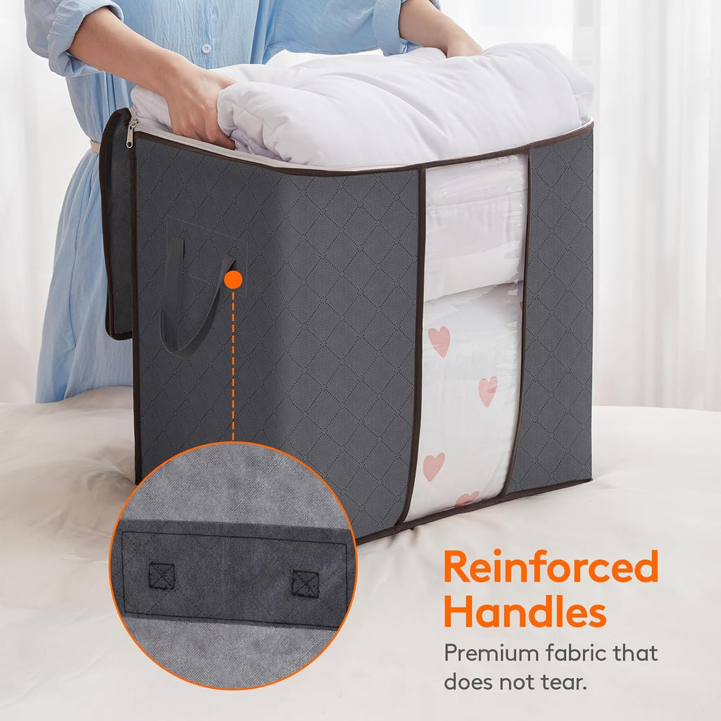 3 Pack 100L Clothes Storage Bins with Lids, Foldable Blanket Storage Bags with Zippers, Clear Window and Reinforced Handles, Closet and Organization for Clothing, Sweater, Comforter, Bedding