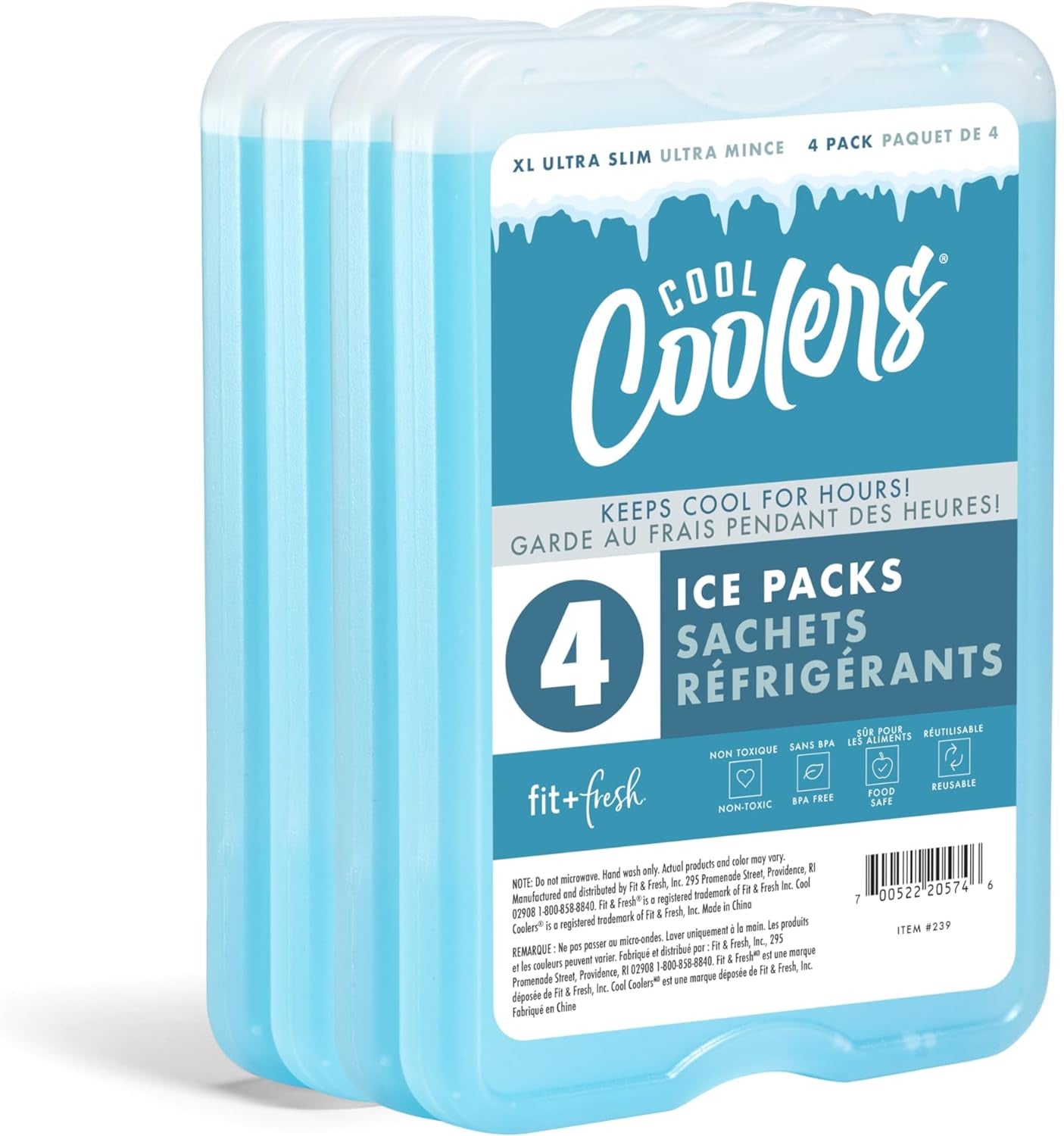 Cool Coolers by  4 Pack XL Slim Ice Packs, Quick Freeze Space Saving Reusable Ice Packs for Lunch Boxes or Coolers, Blue, 239ICE, 4 Count (Pack of 1)