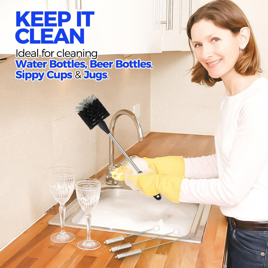 5-Piece Bottle Brush Cleaner Set - 14" Stainless Steel Handle, 3 Straw Brushes, Cleans Water Bottles, Cups, Baby Bottles, Black & Grey