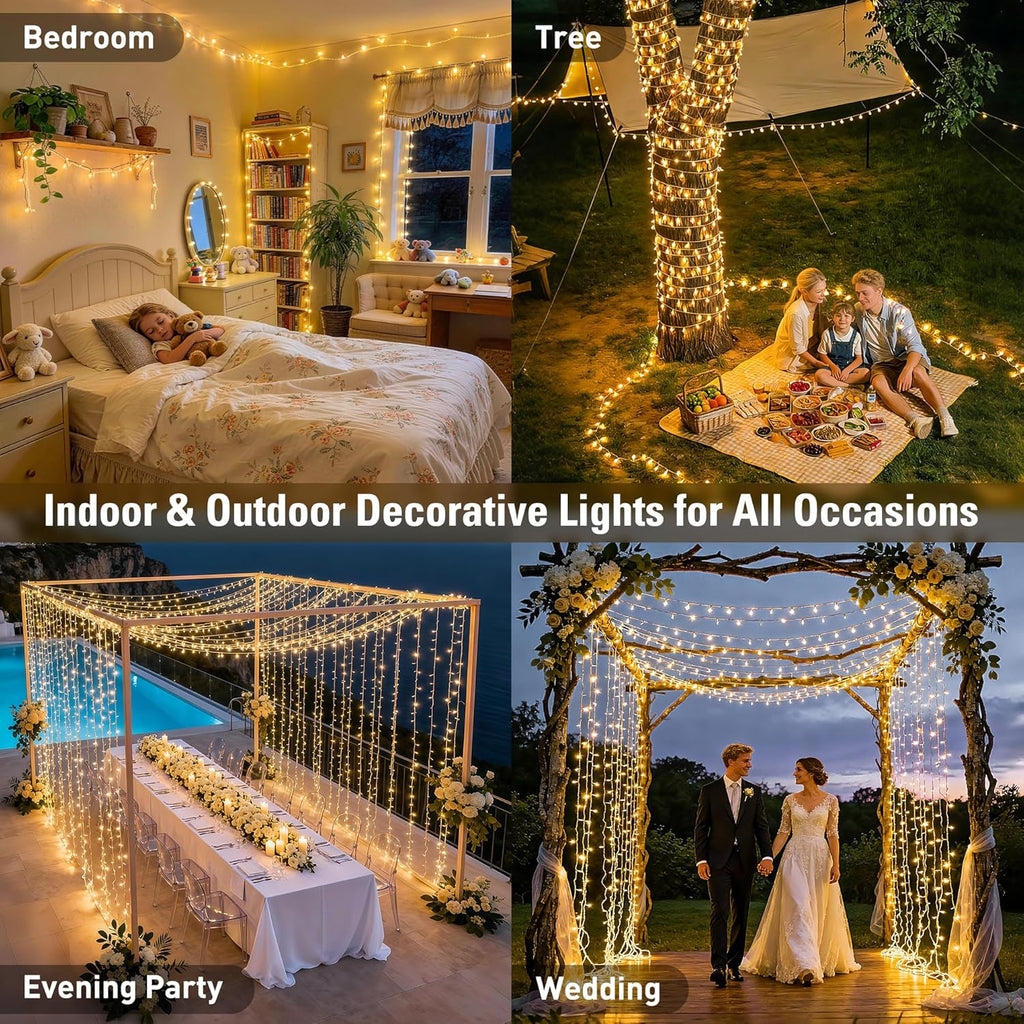 168FT 600 LED Christmas Lights Outdoor Waterproof Clear Wire Indoor String Lights for outside Warm White Christmas Tree Lights Plug in for Bedroom Wedding Party Valentines Decor