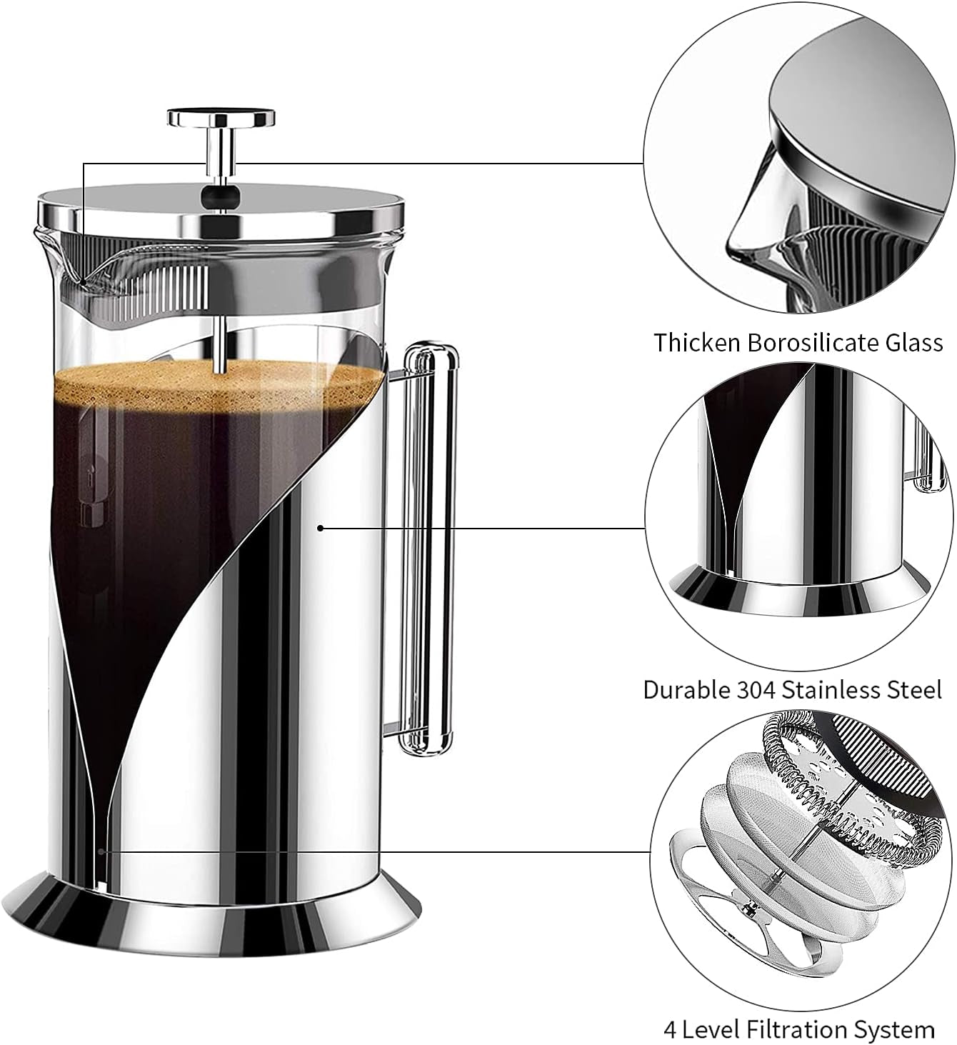 Coffee Maker 304 Stainless Steel French Press with 4 Filter, Heat Resistant Durable, Easy to Clean, Borosilicate Glass Coffee Press, 100% BPA Free Teapot